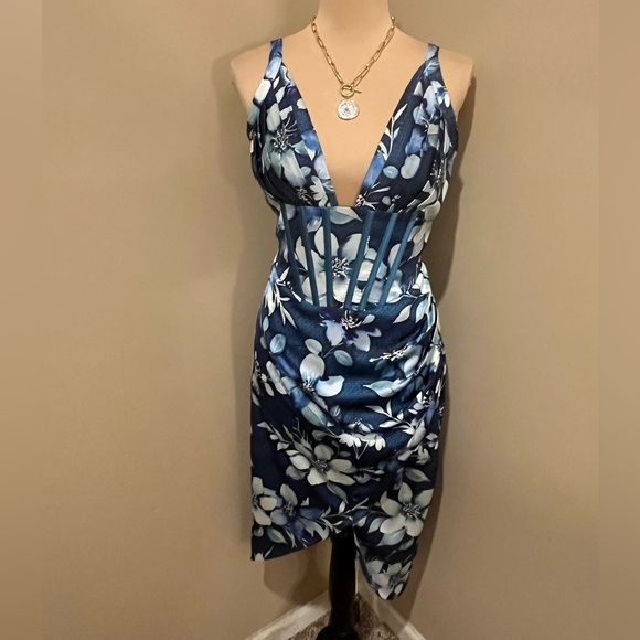 AVERIE AFINA DRAPED MIDI DRESS Teal Floral Asymmetric, Boning, size XL - Picture 2 of 12